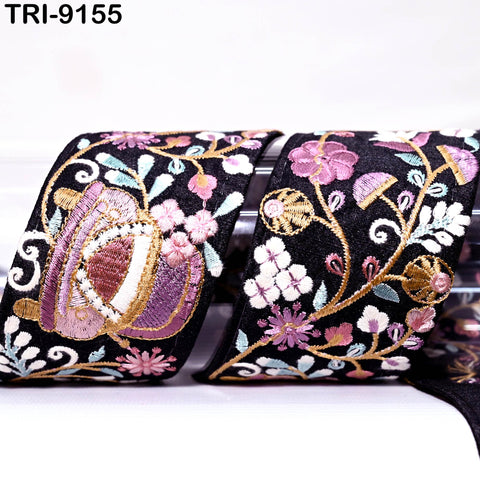 9 Yard Teal Floral 6cm Beach Bags Home Decor Embellishments Drapery Embroidered Fabric Trim Saree Border DIY Crafting Sewing Sari Ribbon