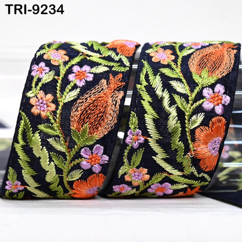 3 Yard Navy Blue Embroidery Ribbon Trim Sari Border Crafting Embroidered Lampshades Regency Reticules, Victorian Handbags Junk Journals 5cm