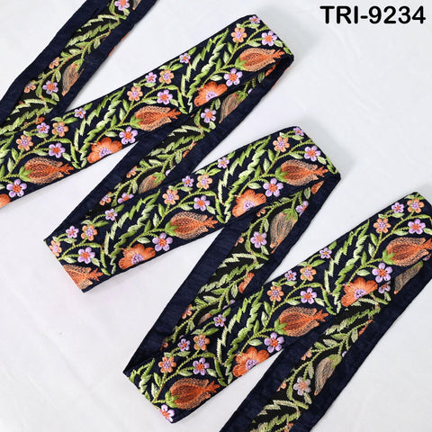 3 Yard Navy Blue Embroidery Ribbon Trim Sari Border Crafting Embroidered Lampshades Regency Reticules, Victorian Handbags Junk Journals 5cm