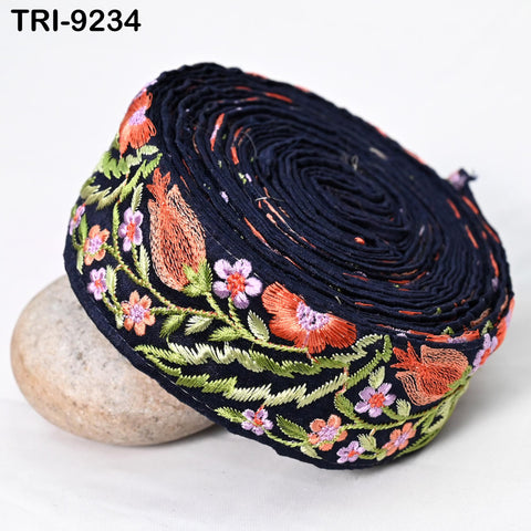 3 Yard Navy Blue Embroidery Ribbon Trim Sari Border Crafting Embroidered Lampshades Regency Reticules, Victorian Handbags Junk Journals 5cm