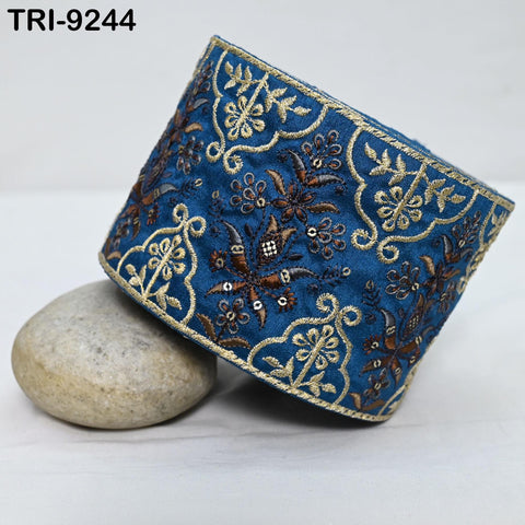 9 Yard Teal Embroidery Ribbon 10cm Fabric Trim Saree Border DIY Crafting Sari Sewing Tote Bags Junk Journals Embellishment Historic Costumes