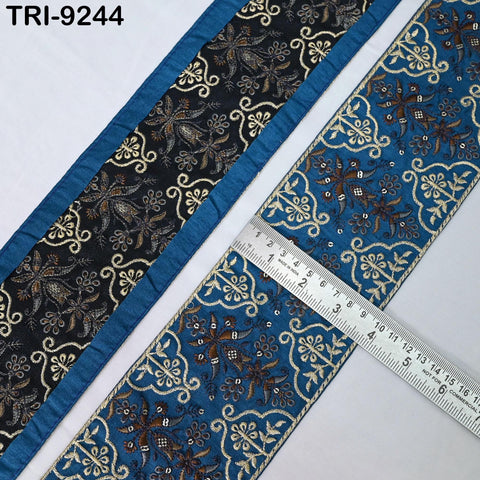 9 Yard Teal Embroidery Ribbon 10cm Fabric Trim Saree Border DIY Crafting Sari Sewing Tote Bags Junk Journals Embellishment Historic Costumes