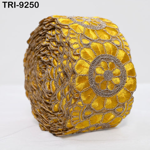 3 Yard Yellow Indian Embroidery Trim 8cm Ribbon Embroidered Wedding Sari lehenga Border Saree Sewing Crafting Wall Decor Curtains Headbands