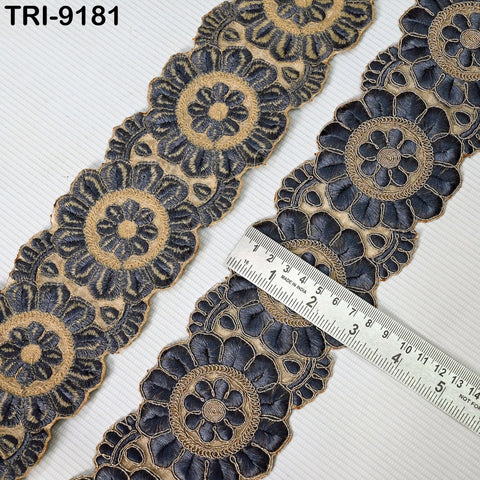 3 Yard Grey Indian Embroidery Trim 8cm Ribbon Embroidered Wedding Sari lehenga Border Saree Sewing Crafting Wall Decor Curtains Headbands