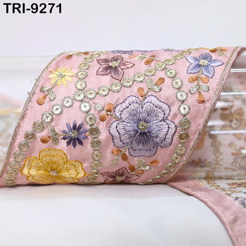 9 Yard Dusty Pink Embroidered Fabric Trim 10cm Saree Border Crafting Sari Ribbon Sewing Bags Home Décor Embellishment Bridal Dress Trimming