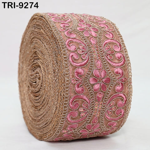 9 Yard Dusty Pink Indian Embroidery Trim Ribbon 8cm Embroidered Wedding Lehenga Border Sewing Crafting Wall Decor Junk Journals Headbands