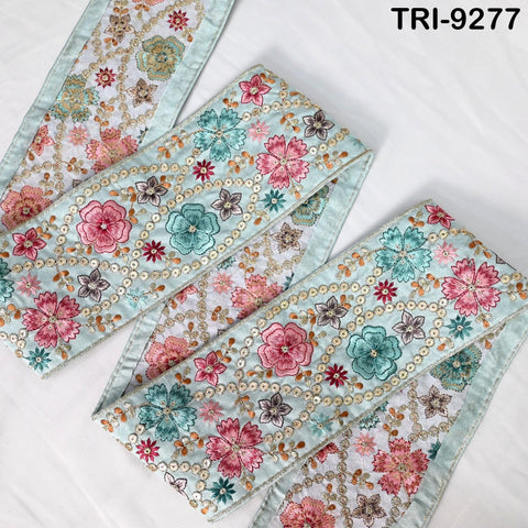 9 Yard Ice Blue Embroidery Ribbon Fabric Trim 10cm Saree Border DIY Crafting Sari Sewing Regency Reticules Victorian Handbags Junk Journals