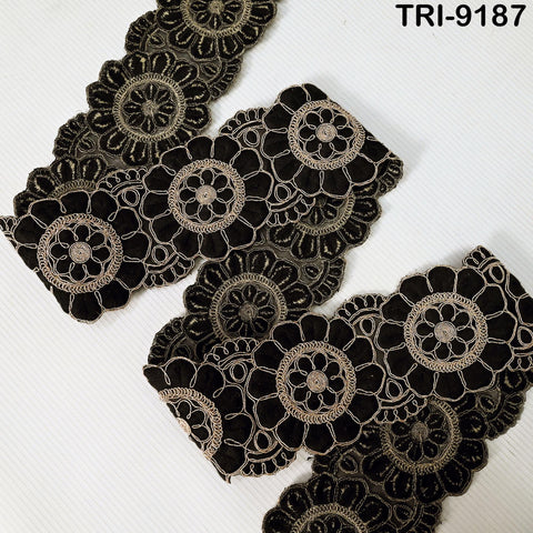 3 Yard Black Indian Embroidery Trim Ribbon 8cm Embroidered Wedding Sari Lehenga Border Saree Sewing Crafting Wall Decor Curtains Headbands