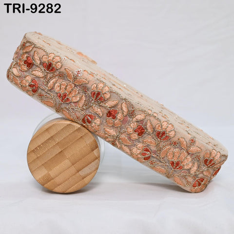 9 Yard Peach Embroidery Ribbon Trim 5cm Border Indian Embroidered DIY Crafting Sewing Lampshades Victorian Handbags, Clutches Junk Journals
