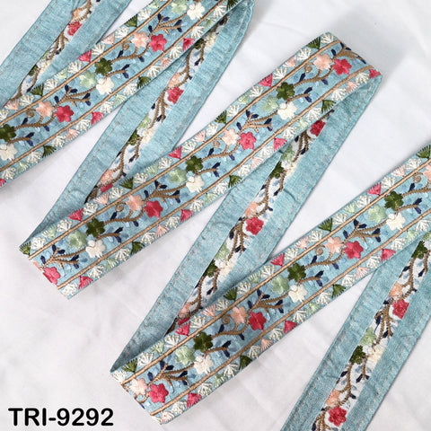 9 Yard Powder Blue Embroidery Ribbon 4cm Trim Embellishment Sari Sewing DIY Crafting Border Indian Embroidered Trimmings Laces Junk Journals