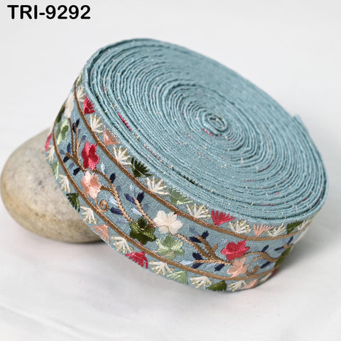9 Yard Powder Blue Embroidery Ribbon 4cm Trim Embellishment Sari Sewing DIY Crafting Border Indian Embroidered Trimmings Laces Junk Journals