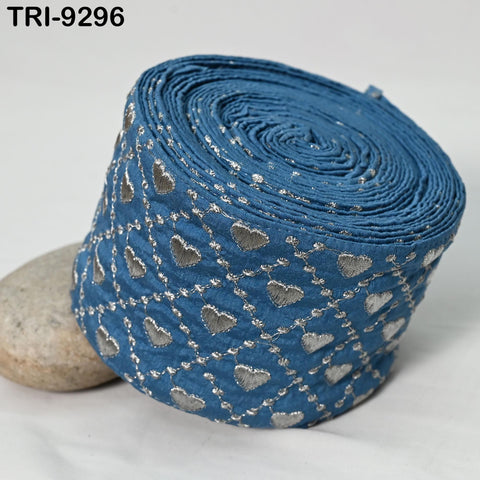 3 Yard Blue Embroidery Ribbon Trim Saree Border DIY Crafting Sari Sewing Tote Bags Embellishment Historic Costumes Junk Journals 10cm