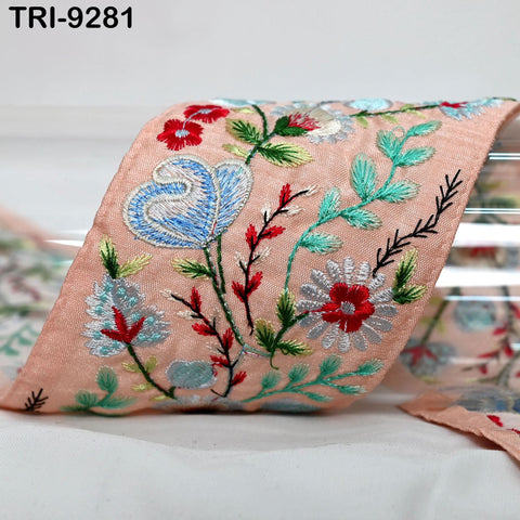 3 Yard Peach Indian Ribbon Trims 8cm Embroidered Decorative Fabric Laces Sari Border Saree Curtains Home Decor Sewing Accessory DIY Crafting