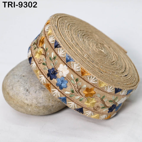 9 Yard Fawn Embroidery Ribbon 4cm Trim Embellishment Sari Sewing DIY Crafting Border Indian Embroidered Trimmings Laces Junk Journals