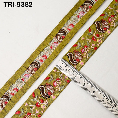 9 Yard Green Indian Embroidery Ribbon 5cm Trim Squirrel Sari Border Crafting Lampshade Regency Reticules Victorian Handbags Junk Journals