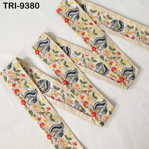 3 Yard Beige Indian Embroidery Ribbon Trim Squirrel Sari Border Crafting Beach Hats Regency Reticules Victorian Handbags Junk Journals 5cm