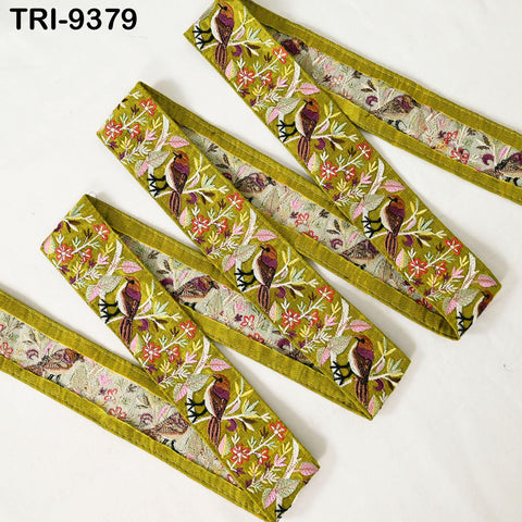 9 Yard Green Indian Embroidery Ribbon 5cm Trim Sparrow Sari Border Crafting Lampshade Regency Reticules Victorian Handbags Junk Journals