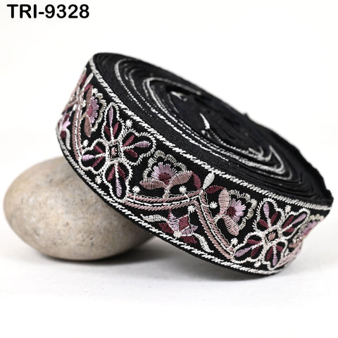 9 Yard Black Embroidery Ribbon 35mm Trim Embroidered Indian Embellishments DIY Crafting Cats Dogs Collar Junk Journals Headband Saree Border