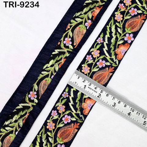 3 Yard Navy Blue Embroidery Ribbon Trim Sari Border Crafting Embroidered Lampshades Regency Reticules, Victorian Handbags Junk Journals 5cm