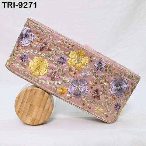 9 Yard Dusty Pink Embroidered Fabric Trim 10cm Saree Border Crafting Sari Ribbon Sewing Bags Home Décor Embellishment Bridal Dress Trimming