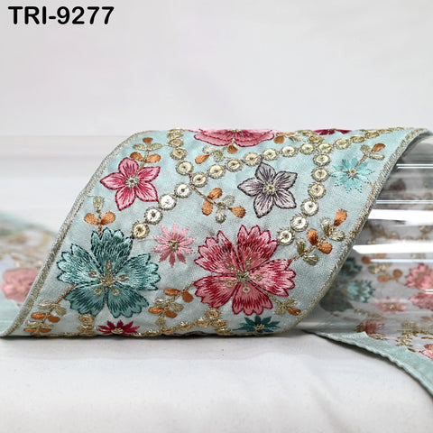 9 Yard Ice Blue Embroidery Ribbon Fabric Trim 10cm Saree Border DIY Crafting Sari Sewing Regency Reticules Victorian Handbags Junk Journals