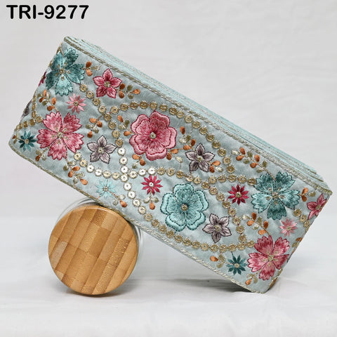 9 Yard Ice Blue Embroidery Ribbon Fabric Trim 10cm Saree Border DIY Crafting Sari Sewing Regency Reticules Victorian Handbags Junk Journals
