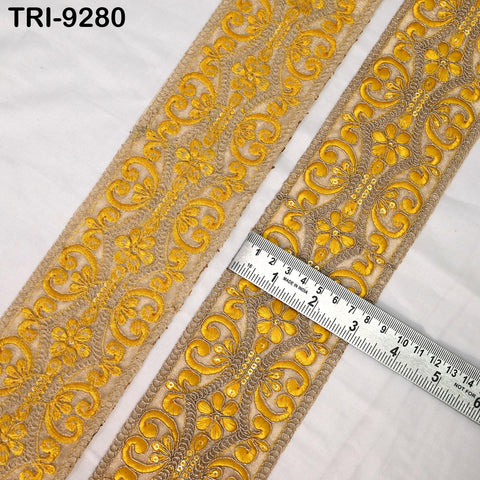 9 Yard Yellow Indian Embroidery Trim Ribbon 8cm Embroidered Wedding Sari Lehenga Border Sewing Crafting Wall Decor Junk Journals Headbands