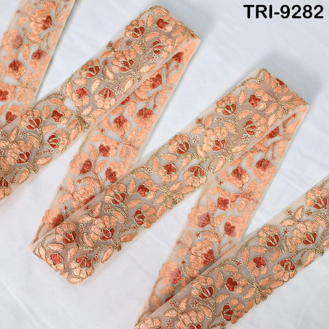 9 Yard Peach Embroidery Ribbon Trim 5cm Border Indian Embroidered DIY Crafting Sewing Lampshades Victorian Handbags, Clutches Junk Journals