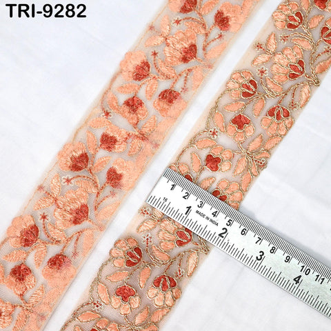 9 Yard Peach Embroidery Ribbon Trim 5cm Border Indian Embroidered DIY Crafting Sewing Lampshades Victorian Handbags, Clutches Junk Journals