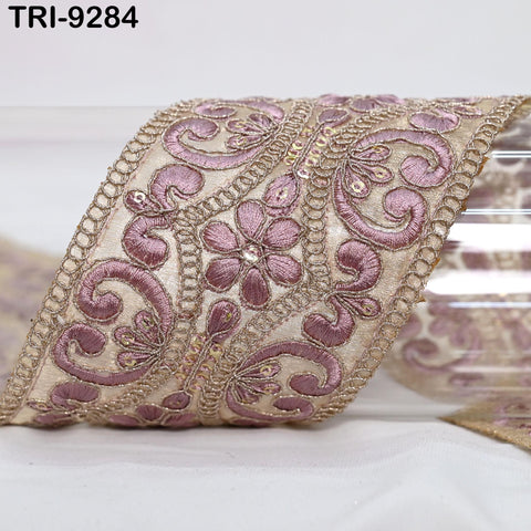 9 Yard Mauve Indian Embroidery Trim Ribbon 8cm Embroidered Wedding Sari Lehenga Border Sewing Crafting Wall Decor Junk Journals Headbands