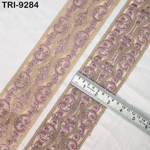 9 Yard Mauve Indian Embroidery Trim Ribbon 8cm Embroidered Wedding Sari Lehenga Border Sewing Crafting Wall Decor Junk Journals Headbands
