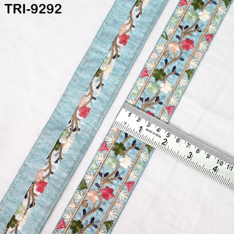 9 Yard Powder Blue Embroidery Ribbon 4cm Trim Embellishment Sari Sewing DIY Crafting Border Indian Embroidered Trimmings Laces Junk Journals