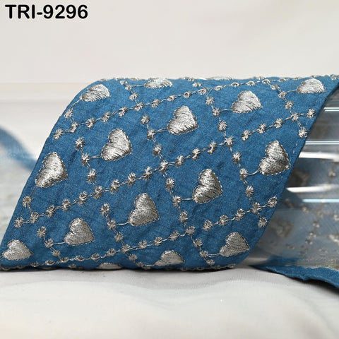 3 Yard Blue Embroidery Ribbon Trim Saree Border DIY Crafting Sari Sewing Tote Bags Embellishment Historic Costumes Junk Journals 10cm