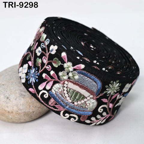 9 Yard Embroidery Ribbon Blue Floral 6cm Beach Bags Home Decor Embellishments Fabric Trim Saree Border DIY Crafting Sewing Junk Journals