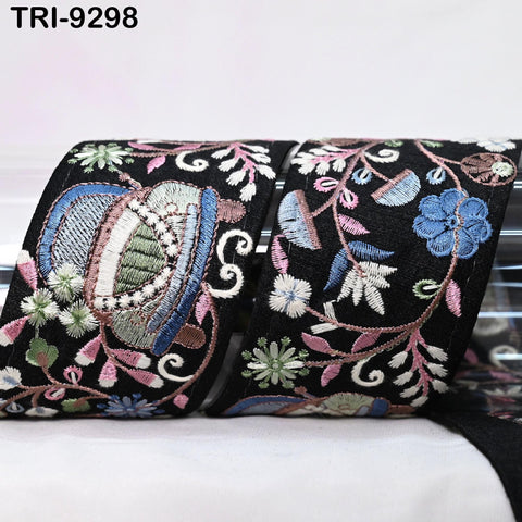 9 Yard Embroidery Ribbon Blue Floral 6cm Beach Bags Home Decor Embellishments Fabric Trim Saree Border DIY Crafting Sewing Junk Journals