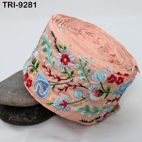 3 Yard Peach Indian Ribbon Trims 8cm Embroidered Decorative Fabric Laces Sari Border Saree Curtains Home Decor Sewing Accessory DIY Crafting