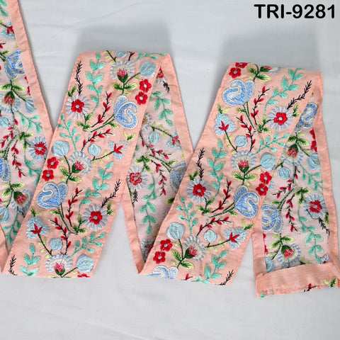 3 Yard Peach Indian Ribbon Trims 8cm Embroidered Decorative Fabric Laces Sari Border Saree Curtains Home Decor Sewing Accessory DIY Crafting
