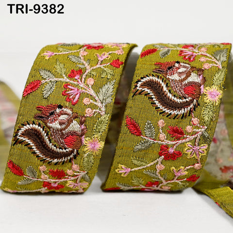 3 Yard Green Indian Embroidery Ribbon Trim Squirrel Sari Border Crafting Lampshade Regency Reticules Victorian Handbags Junk Journals 5cm