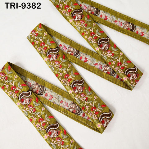 3 Yard Green Indian Embroidery Ribbon Trim Squirrel Sari Border Crafting Lampshade Regency Reticules Victorian Handbags Junk Journals 5cm