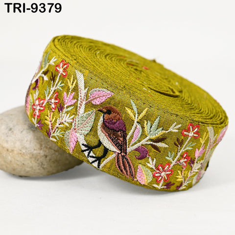 9 Yard Green Indian Embroidery Ribbon 5cm Trim Sparrow Sari Border Crafting Lampshade Regency Reticules Victorian Handbags Junk Journals