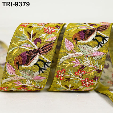 9 Yard Green Indian Embroidery Ribbon 5cm Trim Sparrow Sari Border Crafting Lampshade Regency Reticules Victorian Handbags Junk Journals