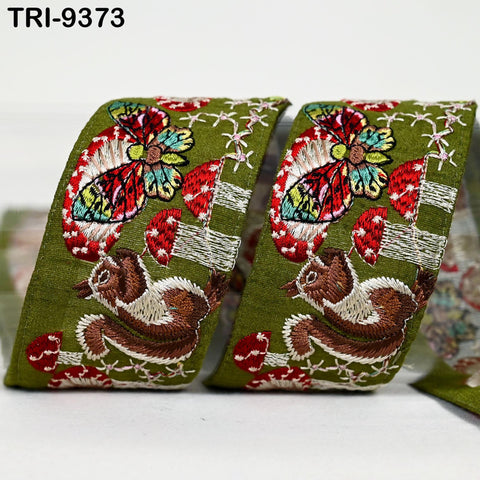 9 Yard Green Indian Embroidery Ribbon 5cm Trim Squirrel Sari Border DIY Crafting Sewing Bag Strap Regency Reticules Home Decor Junk Journals