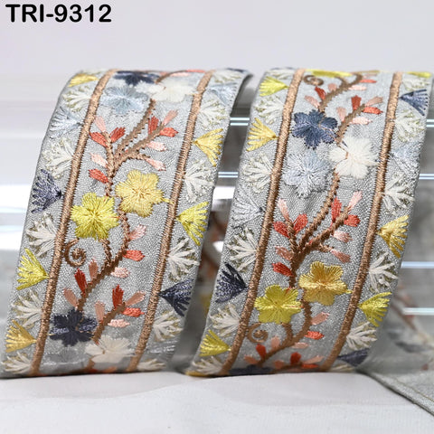 9 Yard Grey Embroidery Ribbon 4 cm Trim Embellishment Sari Sewing Crafting Border Indian Embroidered Trimming Cushion Laces Home Decor