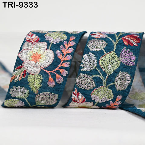 9 Yard Teal Embroidery Ribbon 5cm Trim Sari Border DIY Craft Indian Embroidered Lampshade Regency Reticules Victorian Handbags Junk Journal