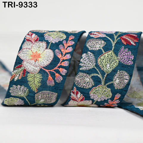 9 Yard Teal Embroidery Ribbon 5cm Trim Sari Border DIY Craft Indian Embroidered Lampshade Regency Reticules Victorian Handbags Junk Journal