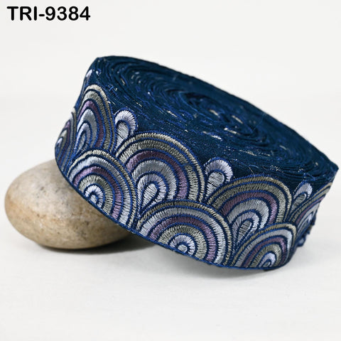 9 Yard Blue 5cm Embroidery Trim Ribbon Border Embroidered Fabric Gift Wrapping Saree Crafting Shoe making Lampshades Belts Embellishment