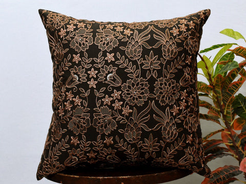 Brown Embroidered Throw Pillow Square Decorative Home Decor Pillow Cover Handmade Embroidery Cushion Cover