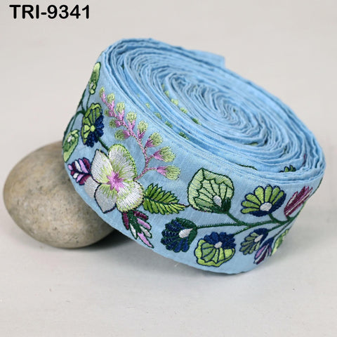 9 Yard Blue Embroidery Ribbon 6cm Trim Sari Border DIY Craft Indian Embroidered Lampshade Regency Reticules Victorian Handbags Junk Journal