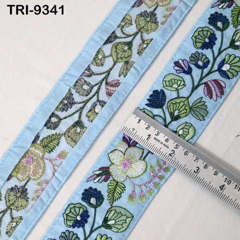 9 Yard Blue Embroidery Ribbon 6cm Trim Sari Border DIY Craft Indian Embroidered Lampshade Regency Reticules Victorian Handbags Junk Journal