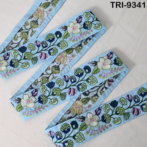 9 Yard Blue Embroidery Ribbon 6cm Trim Sari Border DIY Craft Indian Embroidered Lampshade Regency Reticules Victorian Handbags Junk Journal